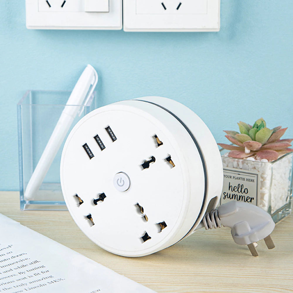 "Power up Your Devices Anywhere with Our round Universal Power Strip - Portable and Smart, with USB Phone Charger and Multiple Plug Options!"