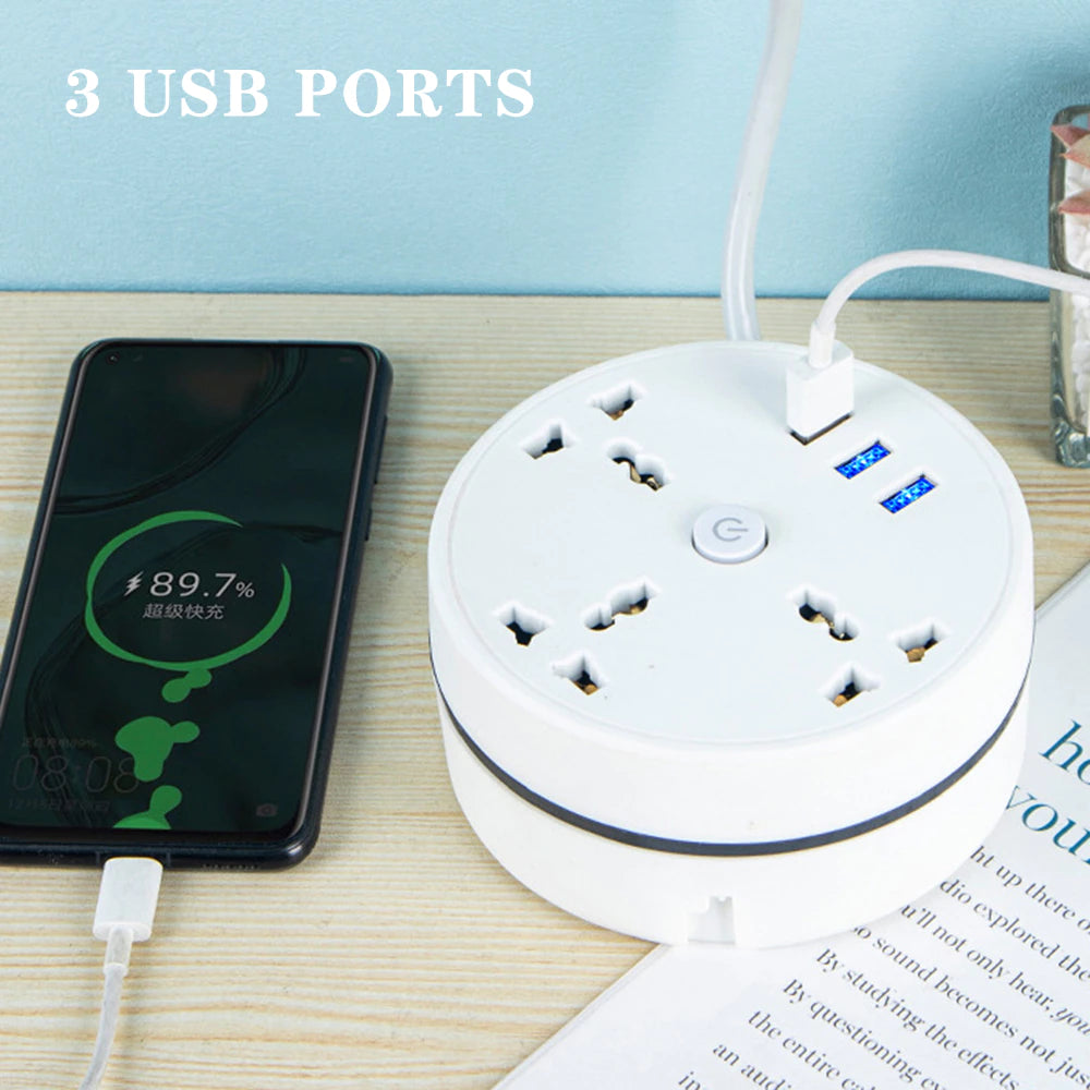 "Power up Your Devices Anywhere with Our round Universal Power Strip - Portable and Smart, with USB Phone Charger and Multiple Plug Options!"