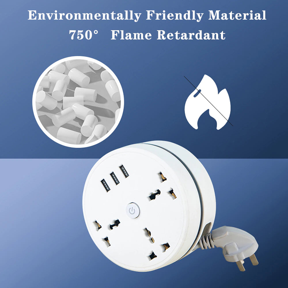 "Power up Your Devices Anywhere with Our round Universal Power Strip - Portable and Smart, with USB Phone Charger and Multiple Plug Options!"